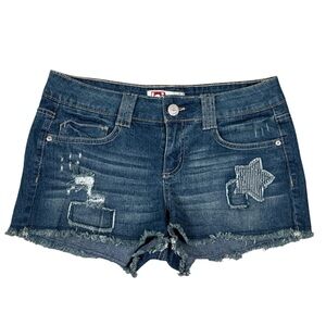 L.E.I. Ashley Low-Rise Distressed Star Patch Jean Shorts Juniors Size 9